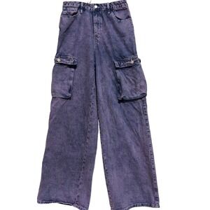 Womens Purple Acid Wash Wide Leg Cargo Jeans slouchy grunge hip hop punk sz 11